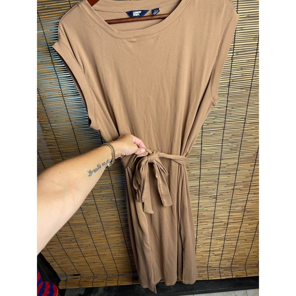 Lands End Womens XL Camel Tan Ribbed Knit Tie Waist Sleeveless Midi Dress